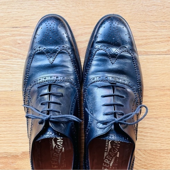 Salvatore Ferragamo Men's Oxfords 12B Black Leather Brogues Lace Up Vibram Soles - Picture 3 of 10